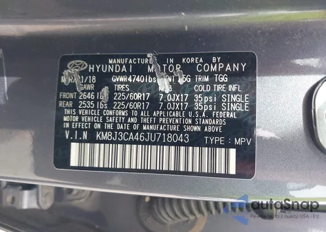 2018 Hyundai Tucson Sel z USA, uszkodzony, nr VIN KM8J3CA46JU718043